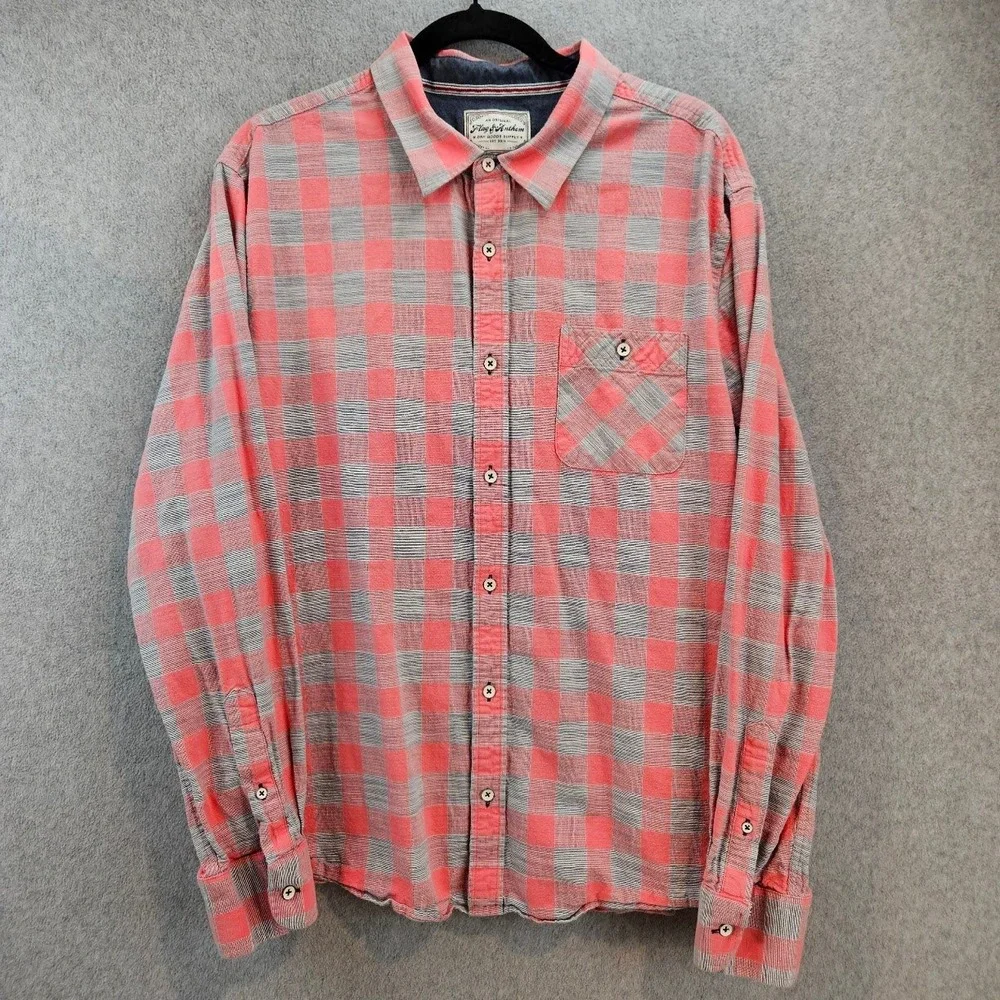 Flag & Anthem Mens XL Salmon Pink Grey Buffalo Plaid Button Down Flannel Shirt